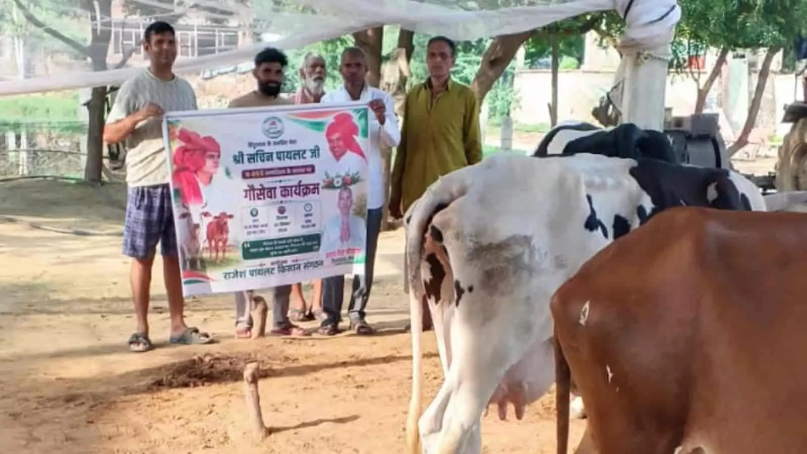 तस्वीर में दिख रहे पुरुष नौगावां की गौशाला में जागरूकता पोस्टर पकड़े हुए भूरी गायों के पास खड़े हैं। तस्वीर में दिख रहे पुरुष नौगावां की गौशाला में जागरूकता पोस्टर पकड़े हुए भूरी गायों के पास खड़े हैं।