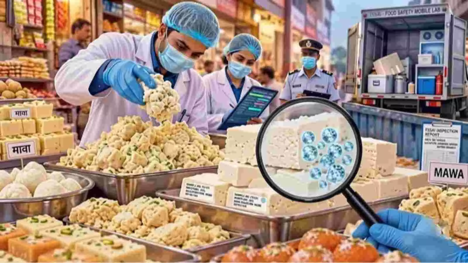 तस्वीर में दिल्ली के खाद्य बाजारों में मिलावटी पनीर और खोया की जांच करती टीम दिख रही है। तस्वीर में दिल्ली के खाद्य बाजारों में मिलावटी पनीर और खोया की जांच करती टीम दिख रही है।
