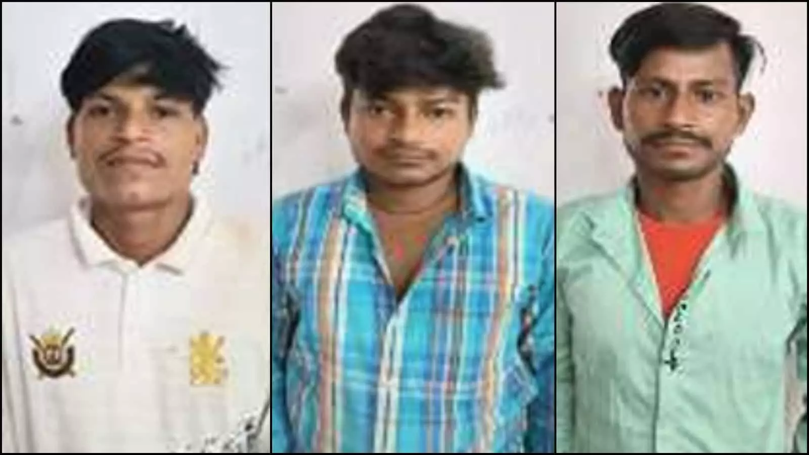 तस्वीर में दिख रही तीन अलग-अलग तस्वीरों में पुलिस हिरासत में खड़े तीन पुरुष आरोपी। तस्वीर में दिख रही तीन अलग-अलग तस्वीरों में पुलिस हिरासत में खड़े तीन पुरुष आरोपी।