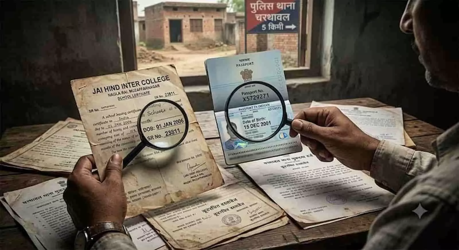 तस्वीर में दिख रही मेज पर एक व्यक्ति आवर्धक लेंस से पासपोर्ट और शैक्षणिक दस्तावेजों की जांच कर रहा है। यह तस्वीर काल्पनिक है और एआई द्वारा केवल संदर्भ के लिए बनाई गई है। तस्वीर में दिख रही मेज पर एक व्यक्ति आवर्धक लेंस से पासपोर्ट और शैक्षणिक दस्तावेजों की जांच कर रहा है। यह तस्वीर काल्पनिक है और एआई द्वारा केवल संदर्भ के लिए बनाई गई है।