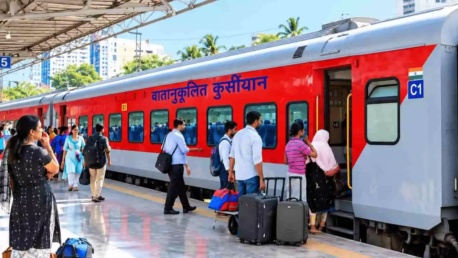 तस्वीर में रेलवे स्टेशन के प्लेटफॉर्म पर ट्रेन के सामने यात्री खड़े दिखाई दे रहे हैं। तस्वीर में रेलवे स्टेशन के प्लेटफॉर्म पर ट्रेन के सामने यात्री खड़े दिखाई दे रहे हैं।
