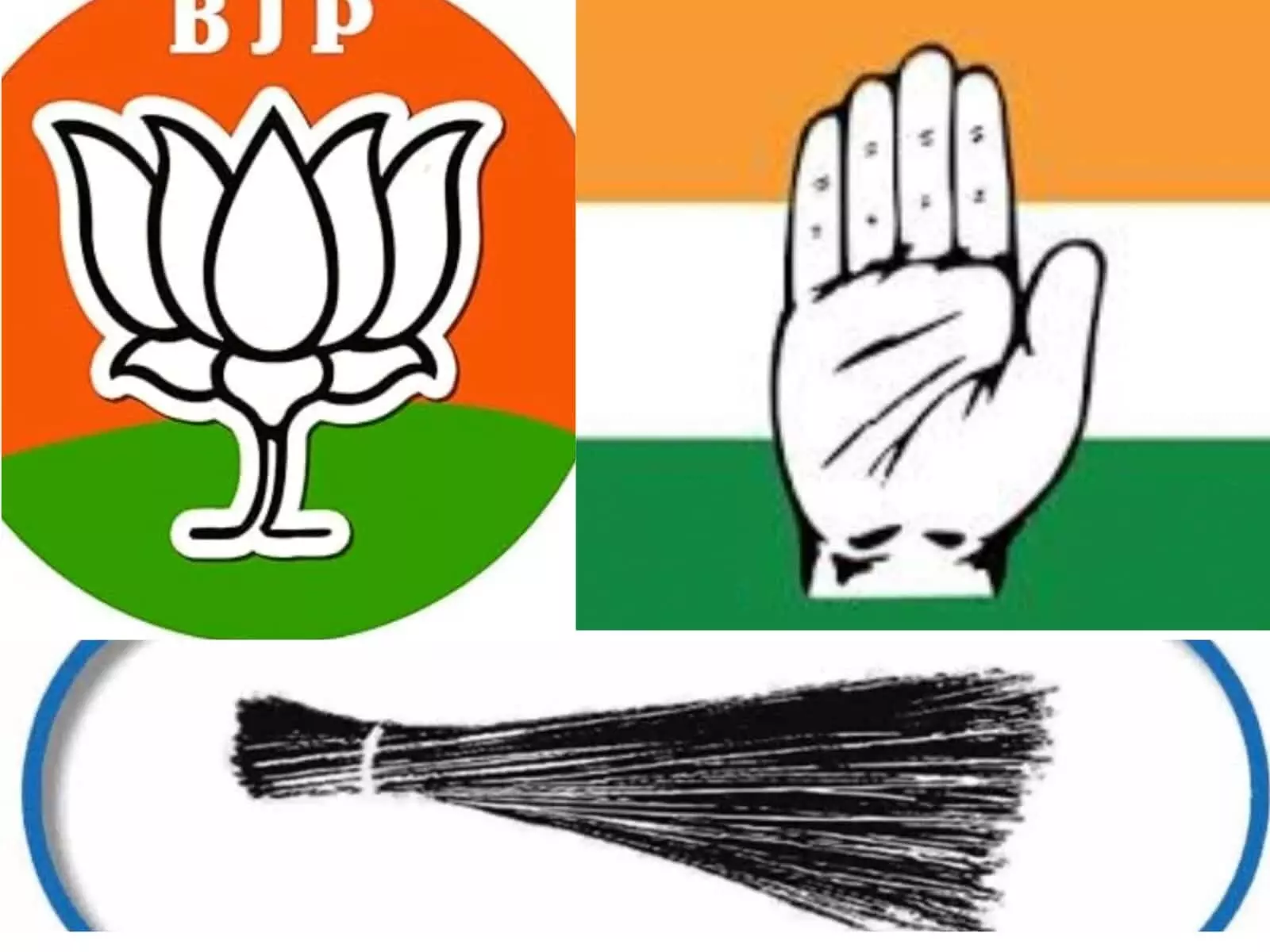 तस्वीर में ऊपर भाजपा और कांग्रेस के चुनाव चिह्न तथा नीचे आम आदमी पार्टी का झाड़ू चुनाव चिह्न दिखाई दे रहा है। तस्वीर में ऊपर भाजपा और कांग्रेस के चुनाव चिह्न तथा नीचे आम आदमी पार्टी का झाड़ू चुनाव चिह्न दिखाई दे रहा है।