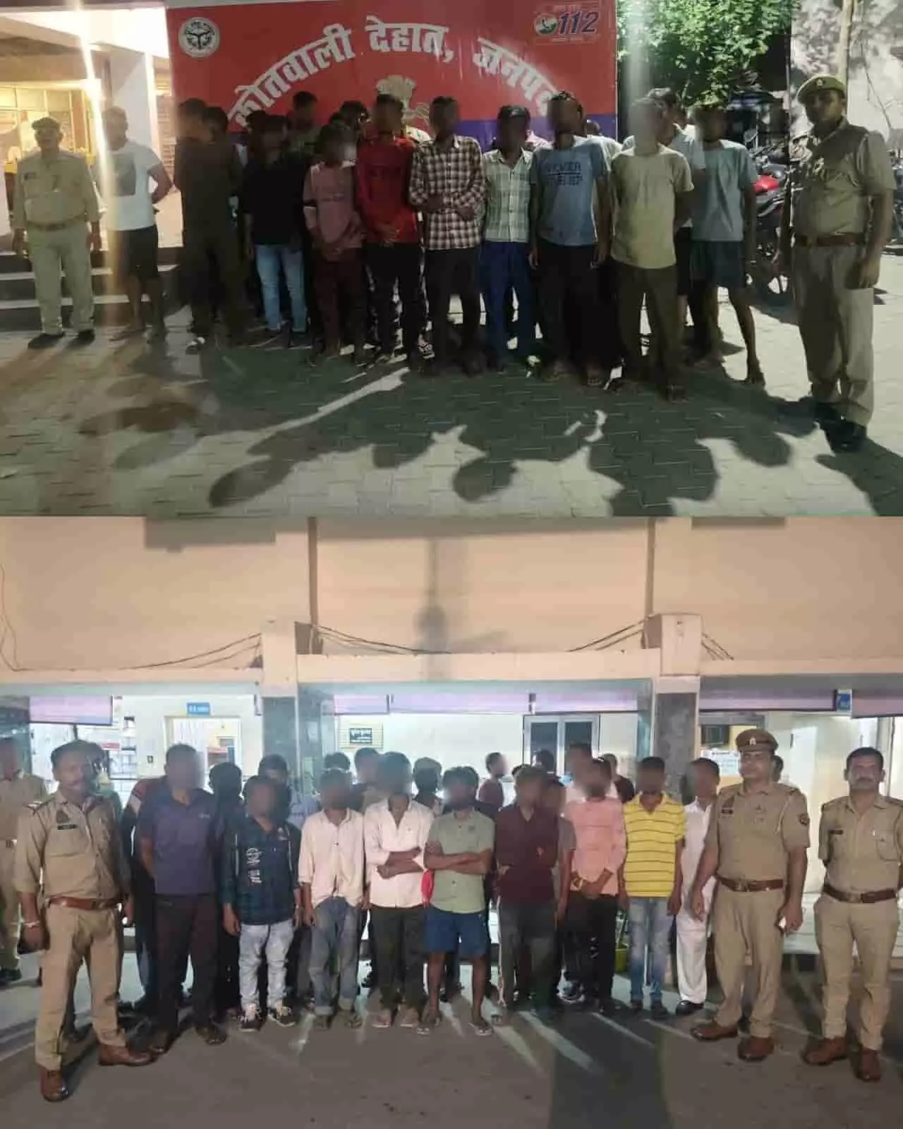 तस्वीर में दोनों हिस्सों में पुलिसकर्मियों के साथ कई संदिग्ध व्यक्ति थाने के परिसर में खड़े नजर आ रहे हैं। तस्वीर में दोनों हिस्सों में पुलिसकर्मियों के साथ कई संदिग्ध व्यक्ति थाने के परिसर में खड़े नजर आ रहे हैं।