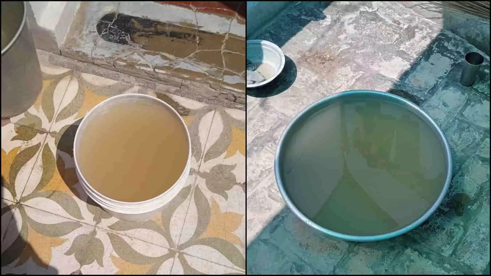 तस्वीर में नोहर के एक घर में बर्तन के अंदर भरा हुआ मटमैला और दूषित पेयजल दिखाई दे रहा है। तस्वीर में नोहर के एक घर में बर्तन के अंदर भरा हुआ मटमैला और दूषित पेयजल दिखाई दे रहा है।