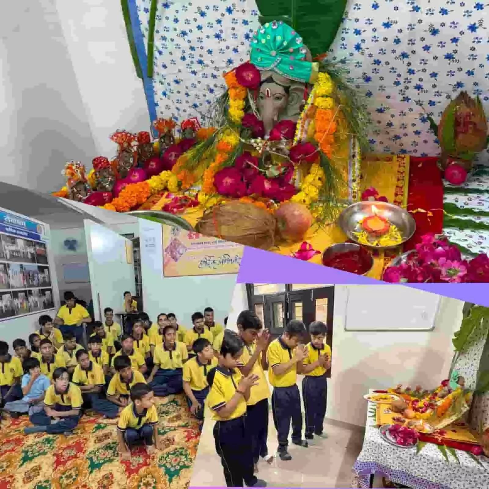 भीलवाड़ा के विशेष विद्यालय में भगवान गणेश की प्रतिमा और प्रार्थना करते बच्चे। भीलवाड़ा के विशेष विद्यालय में भगवान गणेश की प्रतिमा और प्रार्थना करते बच्चे।