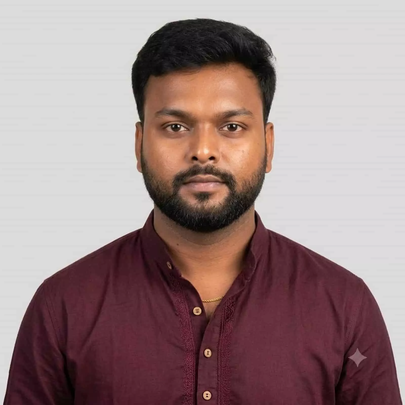सादे भूरे बैकग्राउंड के सामने मैरून कुर्ते में खड़े एक व्यक्ति का पासपोर्ट आकार का चित्र। सादे भूरे बैकग्राउंड के सामने मैरून कुर्ते में खड़े एक व्यक्ति का पासपोर्ट आकार का चित्र।
