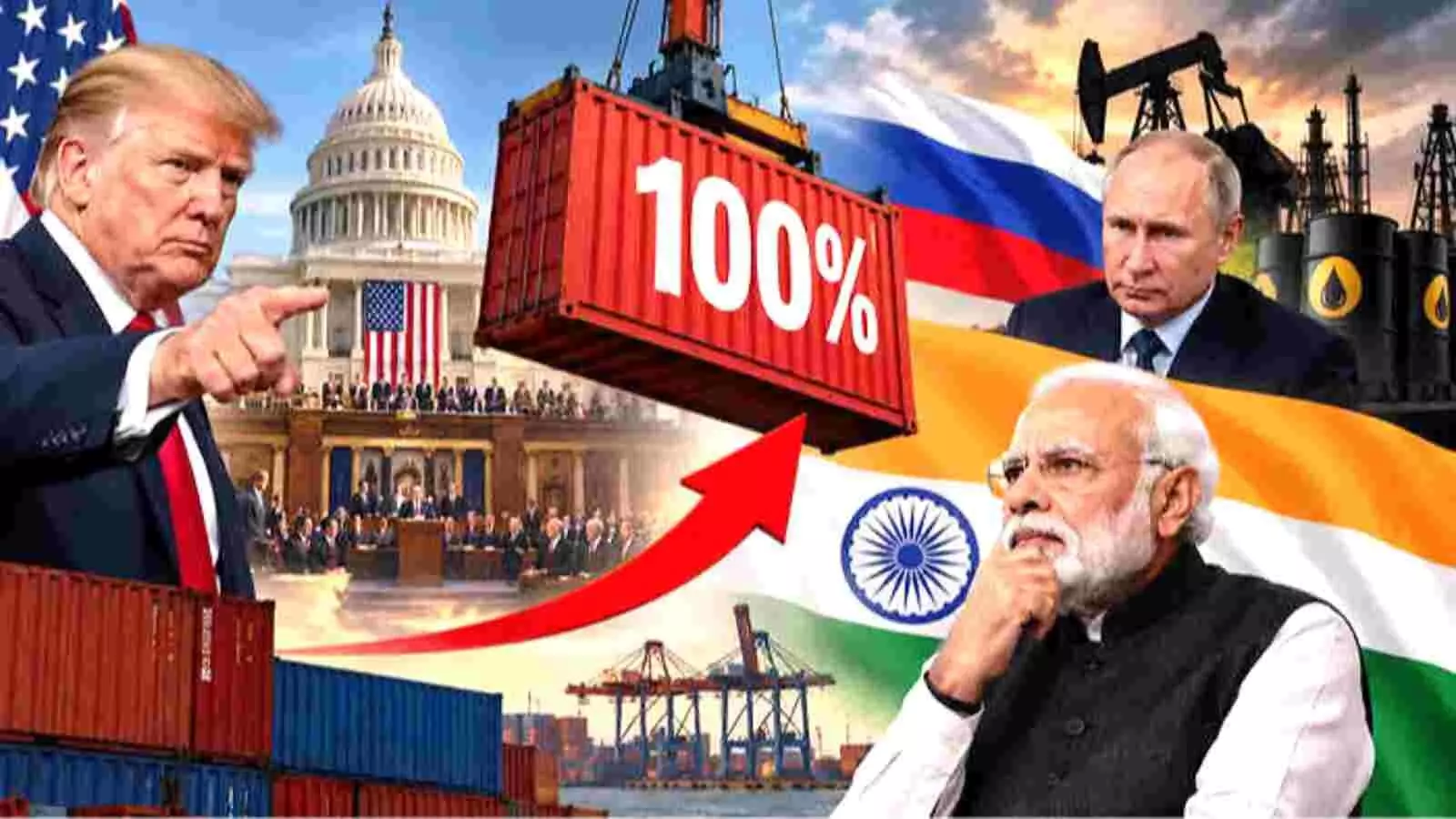डोनाल्ड ट्रंप, व्लादिमीर पुतिन और नरेंद्र मोदी की तस्वीरों के साथ एक प्रतीकात्मक कोलाज नजर आ रहा है| डोनाल्ड ट्रंप, व्लादिमीर पुतिन और नरेंद्र मोदी की तस्वीरों के साथ एक प्रतीकात्मक कोलाज नजर आ रहा है|
