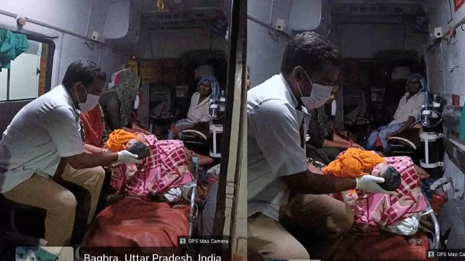 तस्वीर में बघरा में 102 एंबुलेंस के भीतर इमरजेंसी डिलीवरी किट की मदद से सफल प्रसव कराते हुए ईएमटी नजर आ रहे हैं। तस्वीर में बघरा में 102 एंबुलेंस के भीतर इमरजेंसी डिलीवरी किट की मदद से सफल प्रसव कराते हुए ईएमटी नजर आ रहे हैं।
