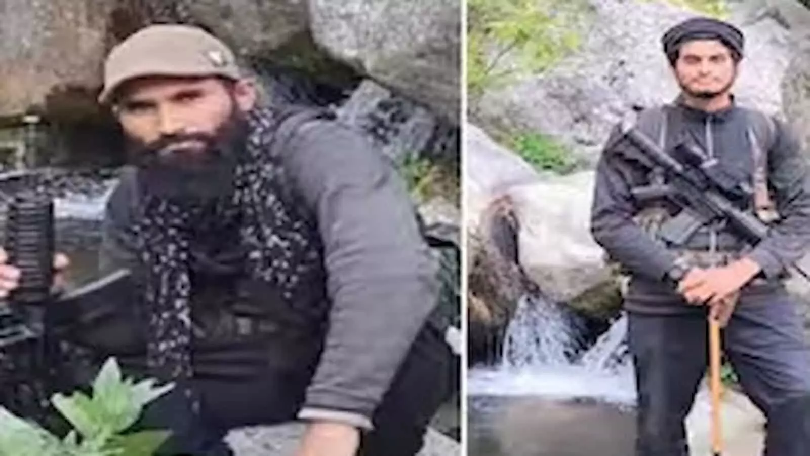 तस्वीर में दिख रही दो अलग-अलग तस्वीरों में हथियार लिए व्यक्ति पहाड़ी इलाके में खड़े हैं। तस्वीर में दिख रही दो अलग-अलग तस्वीरों में हथियार लिए व्यक्ति पहाड़ी इलाके में खड़े हैं।