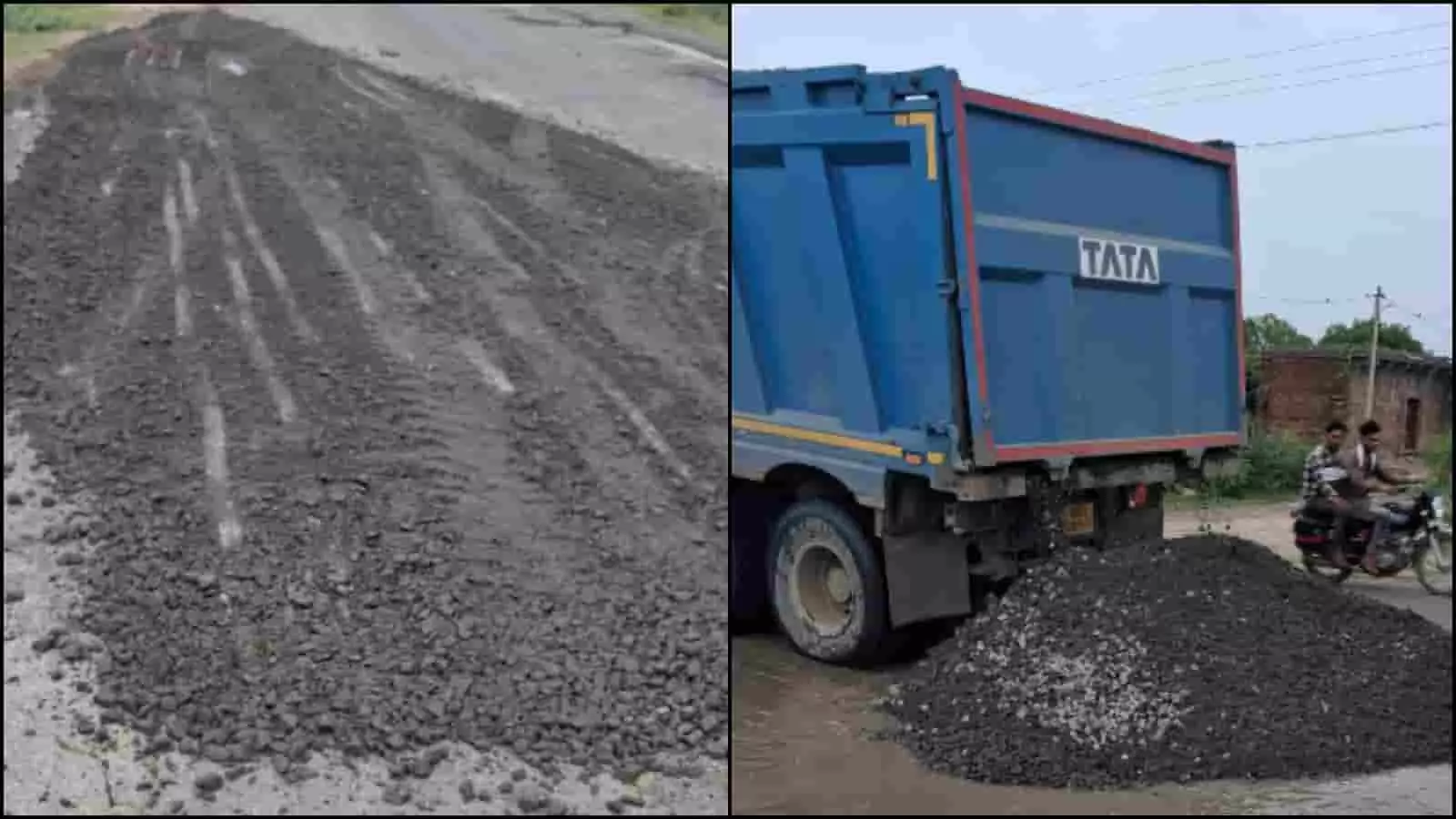 तस्वीर में स्टेट हाईवे पर सड़क मरम्मत के लिए डाली गई गिट्टी और डंपर दिखाई दे रहा है। तस्वीर में स्टेट हाईवे पर सड़क मरम्मत के लिए डाली गई गिट्टी और डंपर दिखाई दे रहा है।