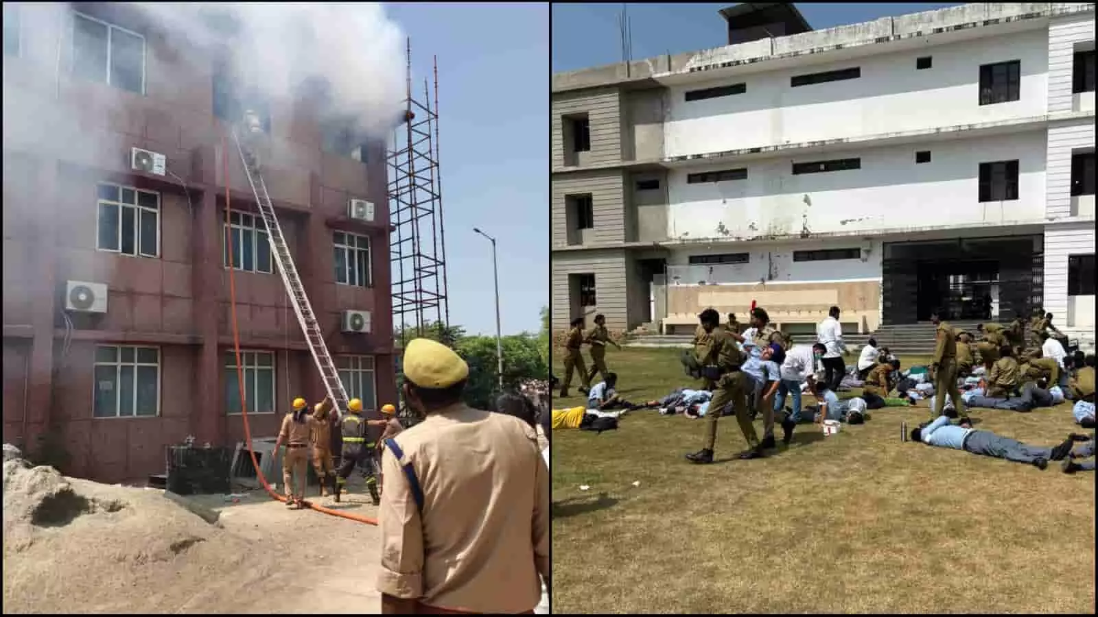हापुड़ में आपदा मॉक ड्रिल के दौरान बहुमंजिला इमारत पर बचाव कार्य और मैदान में लेटे लोगों को संभालती टीमें दिख रही हैं। हापुड़ में आपदा मॉक ड्रिल के दौरान बहुमंजिला इमारत पर बचाव कार्य और मैदान में लेटे लोगों को संभालती टीमें दिख रही हैं।
