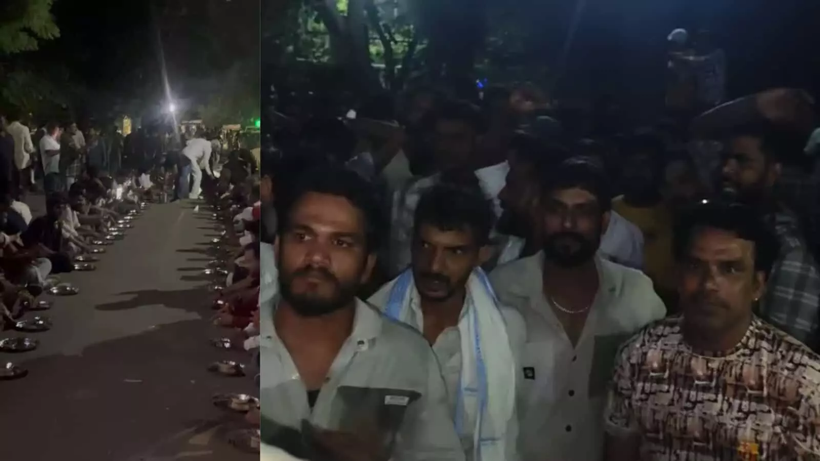 तस्वीर में बाएं से दाएं रात के अंधेरे में सड़क पर बैठे और खड़े हुए कई लोग दिखाई दे रहे हैं। तस्वीर में बाएं से दाएं रात के अंधेरे में सड़क पर बैठे और खड़े हुए कई लोग दिखाई दे रहे हैं।