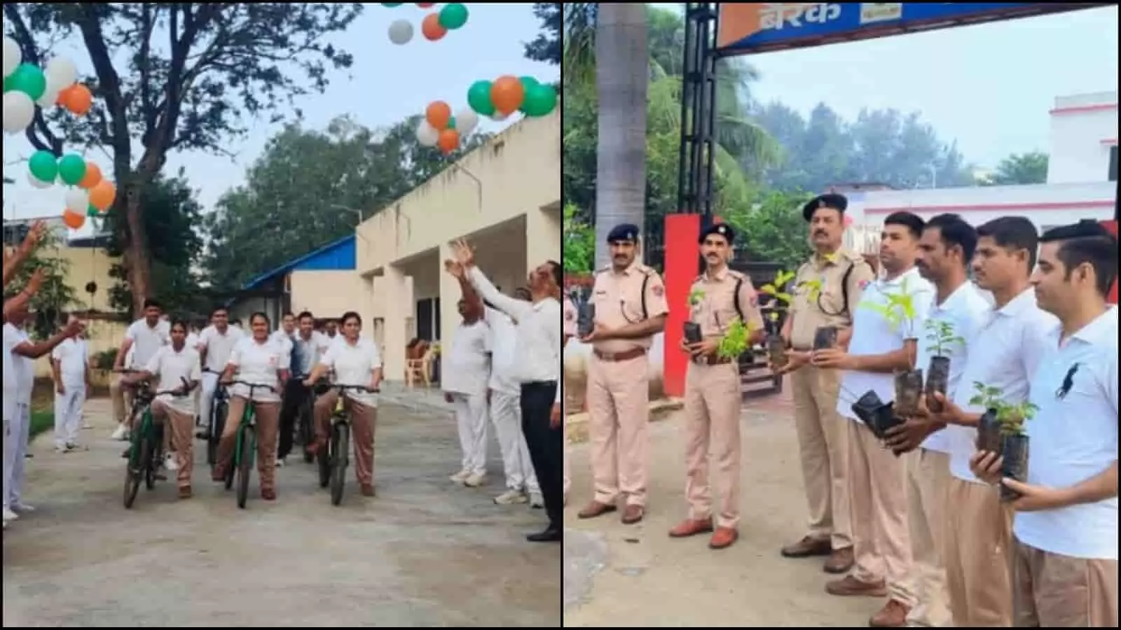 तस्वीर में बाईं ओर RPF जवान साइकिल रैली निकालते और दाईं ओर पौधे हाथ में लिए खड़े हैं। तस्वीर में बाईं ओर RPF जवान साइकिल रैली निकालते और दाईं ओर पौधे हाथ में लिए खड़े हैं।