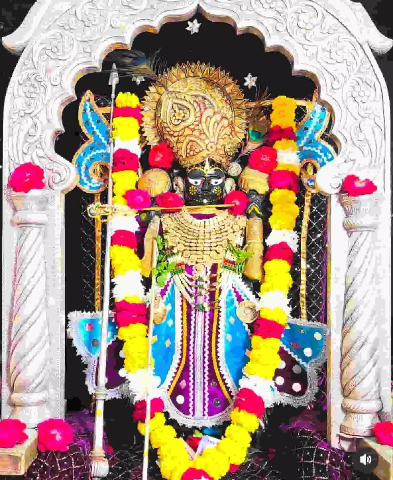 तस्वीर में दिख रही भगवान श्रीकृष्ण की मूर्ति रंग-बिरंगे वस्त्रों, मुकुट और पुष्प मालाओं से सुसज्जित है। तस्वीर में दिख रही भगवान श्रीकृष्ण की मूर्ति रंग-बिरंगे वस्त्रों, मुकुट और पुष्प मालाओं से सुसज्जित है।