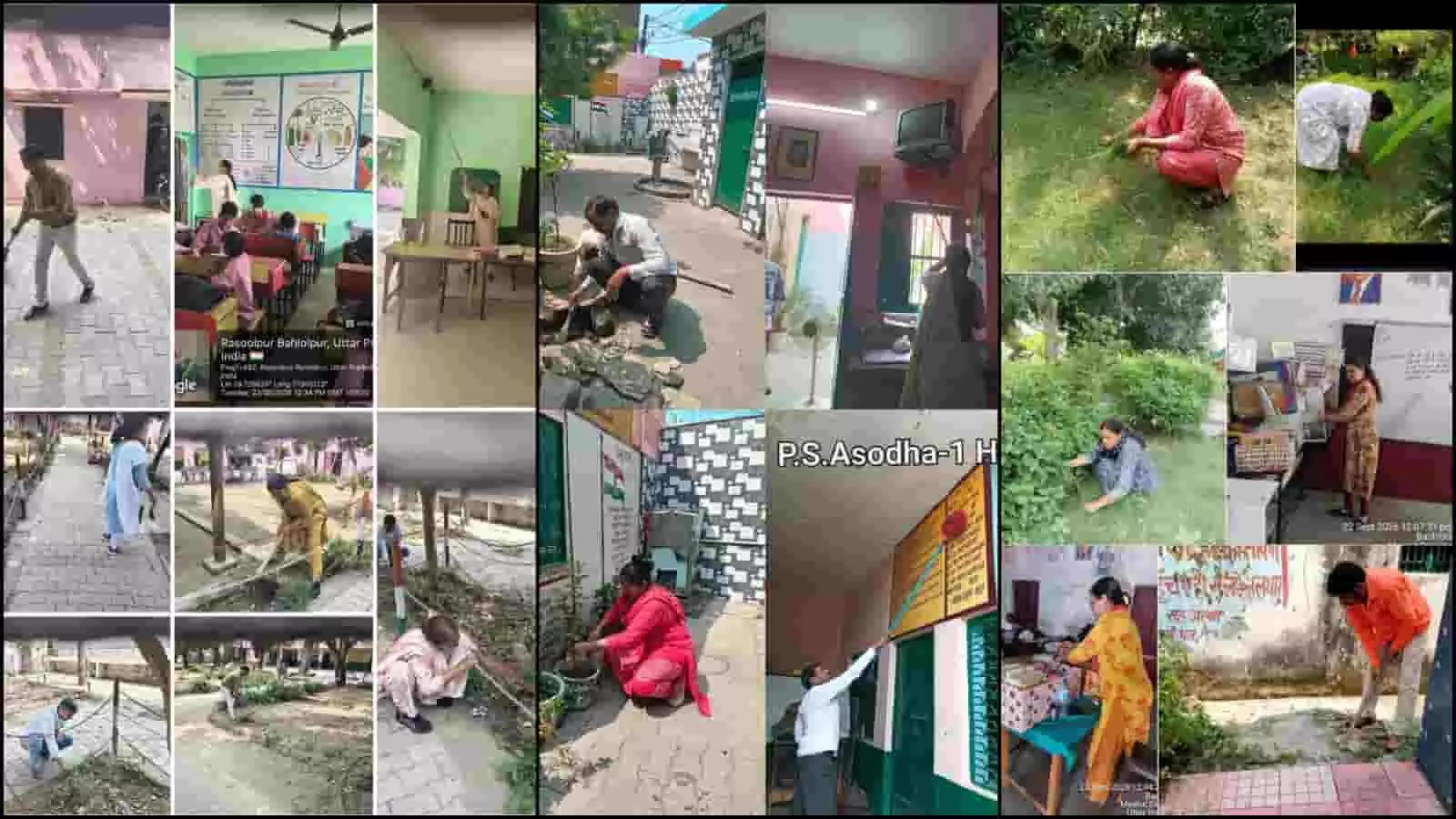 तस्वीर में दिख रही विभिन्न झलकियों में लोग झाड़ू लगाते, परिसर साफ करते और पौधारोपण करते नजर आ रहे हैं। तस्वीर में दिख रही विभिन्न झलकियों में लोग झाड़ू लगाते, परिसर साफ करते और पौधारोपण करते नजर आ रहे हैं।