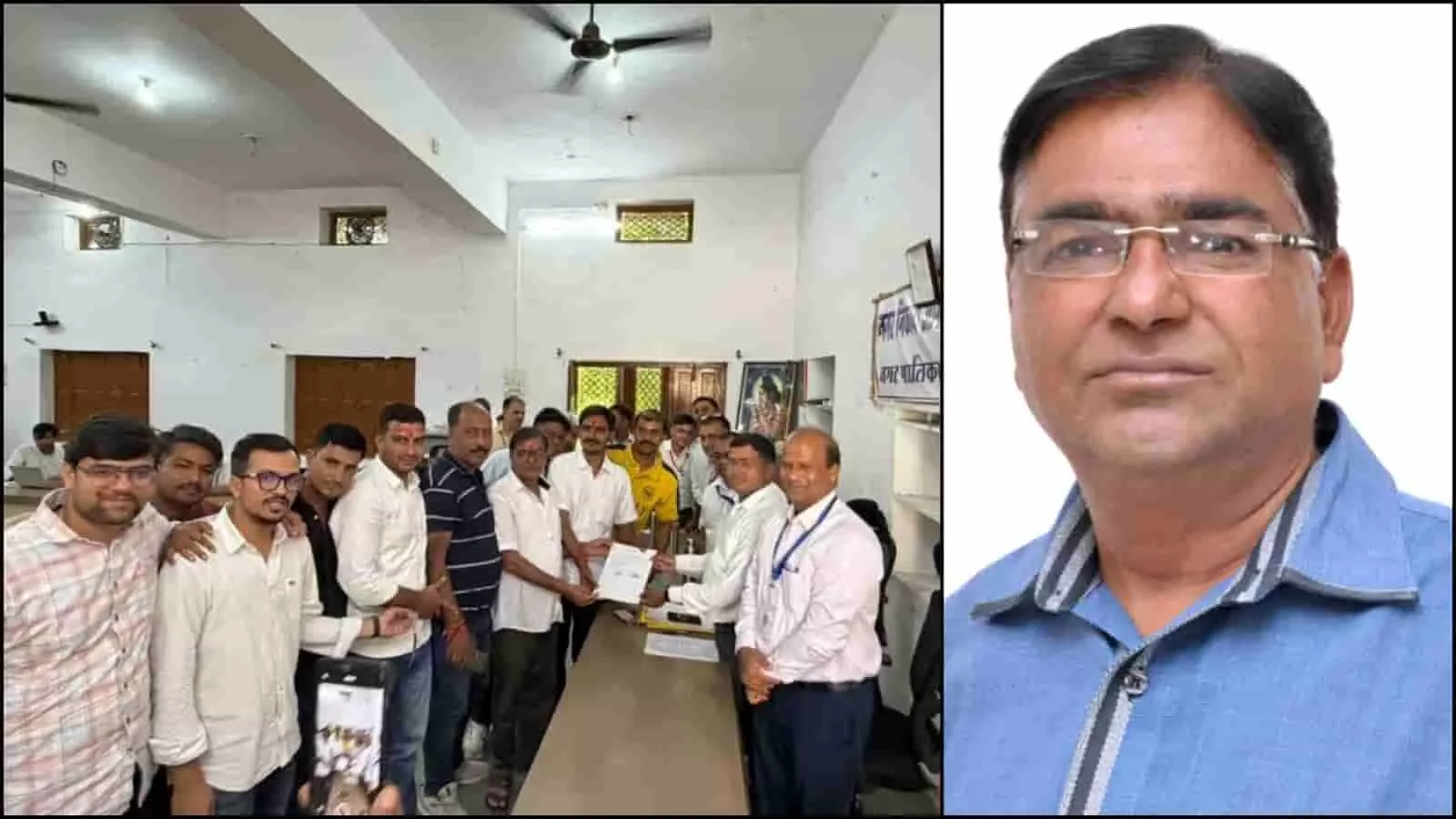 तस्वीर में आकोला नगरपालिका कार्यालय के अंदर खड़े लोग और एक व्यक्ति का पोर्ट्रेट दिख रहा है। तस्वीर में आकोला नगरपालिका कार्यालय के अंदर खड़े लोग और एक व्यक्ति का पोर्ट्रेट दिख रहा है।