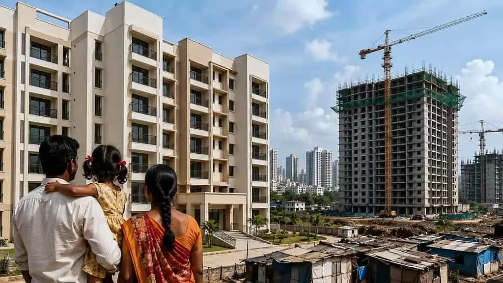 तस्वीर में बाएं से दाएं एक पुरुष, बच्ची और महिला आवासीय इमारतों की ओर देख रहे हैं। तस्वीर में बाएं से दाएं एक पुरुष, बच्ची और महिला आवासीय इमारतों की ओर देख रहे हैं।