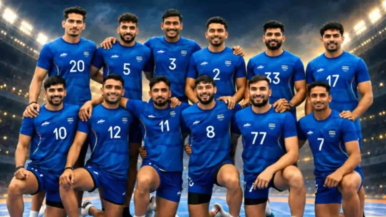 तस्वीर में दिख रही नीली जर्सी पहने पुरुष कबड्डी टीम मैदान पर पोज देती नजर आ रही है। तस्वीर में दिख रही नीली जर्सी पहने पुरुष कबड्डी टीम मैदान पर पोज देती नजर आ रही है।