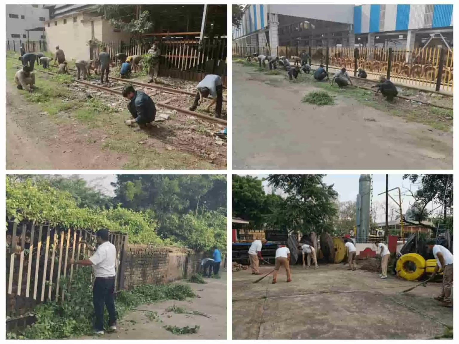 तस्वीर में रेलवे कर्मचारियों और लोगों को पटरियों तथा परिसर के पास सफाई और झाड़ू लगाते हुए देखा जा सकता है। तस्वीर में रेलवे कर्मचारियों और लोगों को पटरियों तथा परिसर के पास सफाई और झाड़ू लगाते हुए देखा जा सकता है।