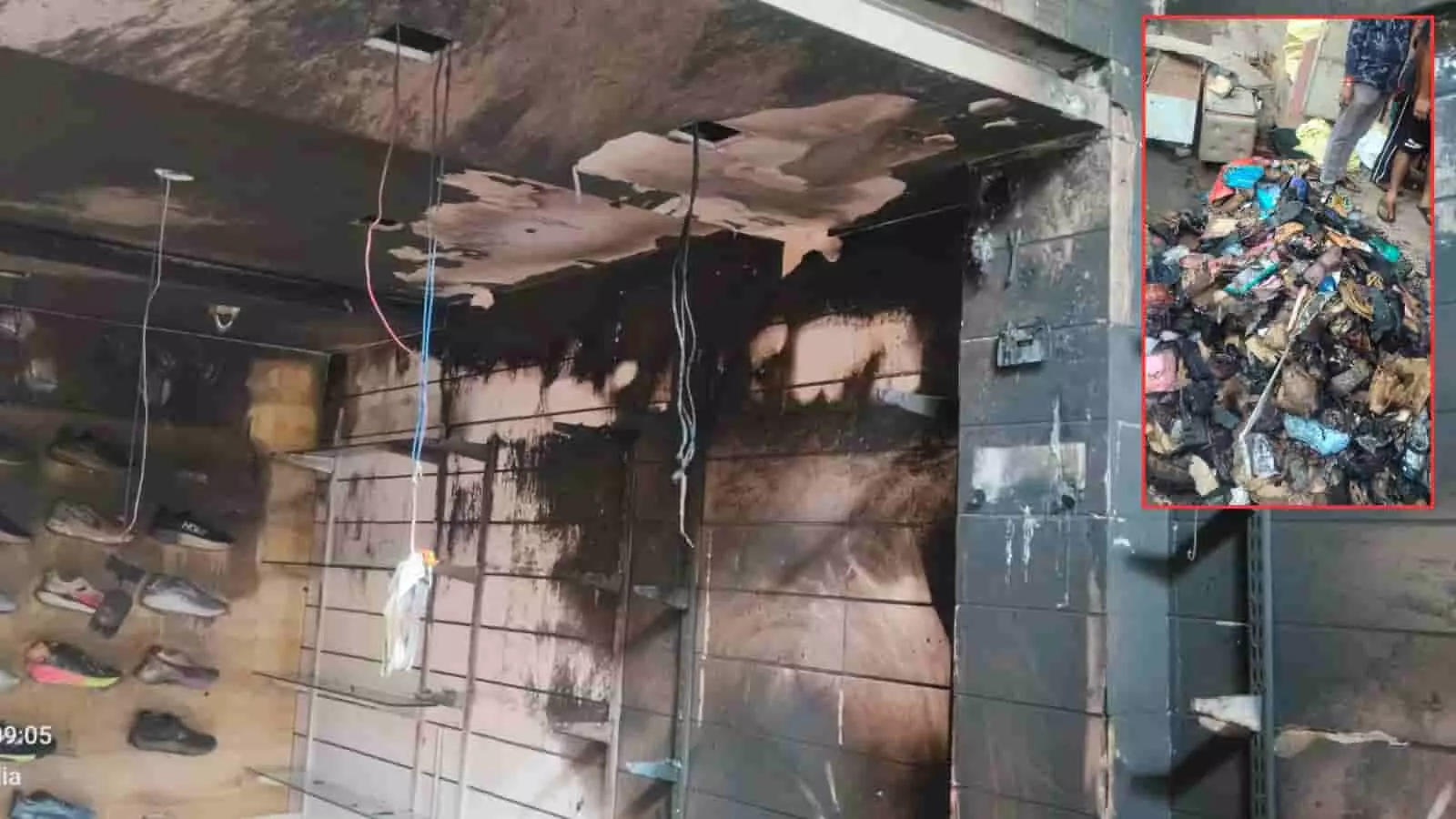 तस्वीर में आग से जली हुई फुटवियर दुकान और राख का ढेर दिखाई दे रहा है. तस्वीर में आग से जली हुई फुटवियर दुकान और राख का ढेर दिखाई दे रहा है.