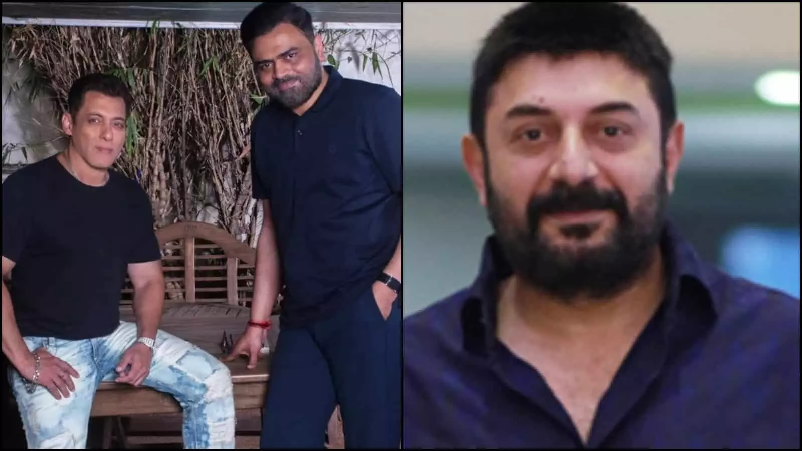 तस्वीर में काले टी-शर्ट में बैठे सलमान खान, खड़े वामशी पैडिपल्ली और अरविंद स्वामी का क्लोज-अप दृश्य। तस्वीर में काले टी-शर्ट में बैठे सलमान खान, खड़े वामशी पैडिपल्ली और अरविंद स्वामी का क्लोज-अप दृश्य।