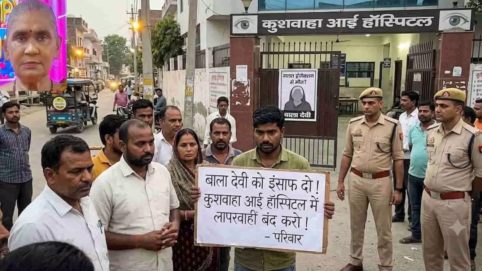 तस्वीर में अस्पताल के मुख्य गेट के बाहर बैनर लिए खड़े लोगों और पुलिस अधिकारियों के साथ भीड़ का दृश्य दिखाई दे रहा है। तस्वीर में अस्पताल के मुख्य गेट के बाहर बैनर लिए खड़े लोगों और पुलिस अधिकारियों के साथ भीड़ का दृश्य दिखाई दे रहा है।