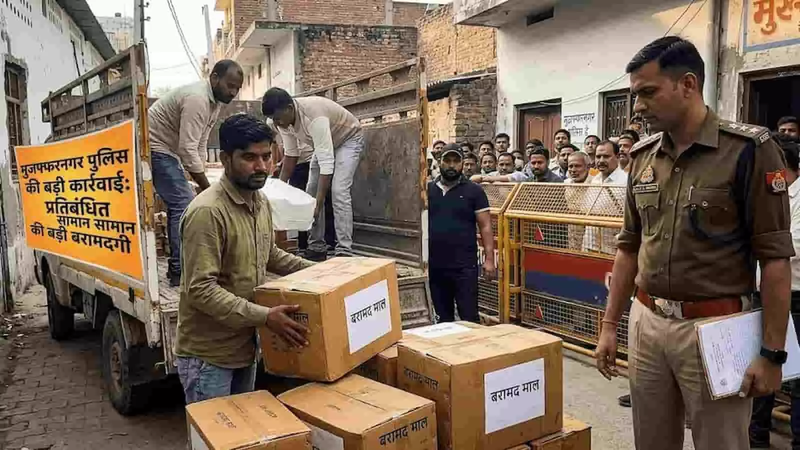 तस्वीर में पुलिस अधिकारियों की मौजूदगी में मालवाहक वाहन के पास रखे गत्तों और पुलिस वाहन के आगे खड़े पुलिसकर्मी का दृश्य दिखाई दे रहा है। तस्वीर में पुलिस अधिकारियों की मौजूदगी में मालवाहक वाहन के पास रखे गत्तों और पुलिस वाहन के आगे खड़े पुलिसकर्मी का दृश्य दिखाई दे रहा है।