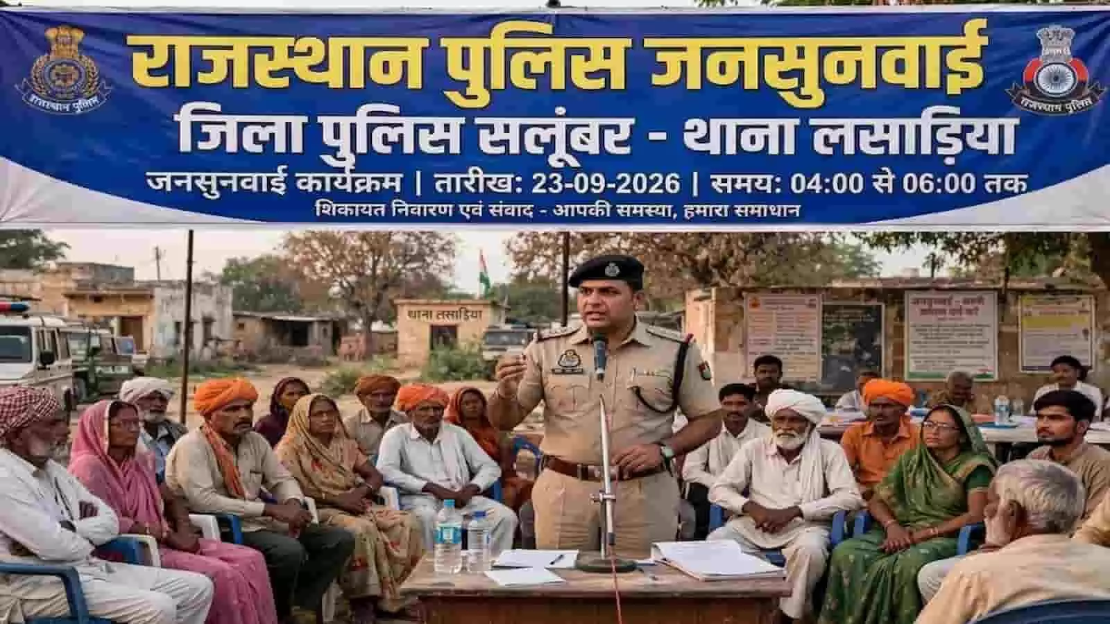 तस्वीर में लसाड़िया थाने में जनसुनवाई के दौरान पुलिस अधिकारी और ग्रामीण दिख रहे हैं। तस्वीर में लसाड़िया थाने में जनसुनवाई के दौरान पुलिस अधिकारी और ग्रामीण दिख रहे हैं।