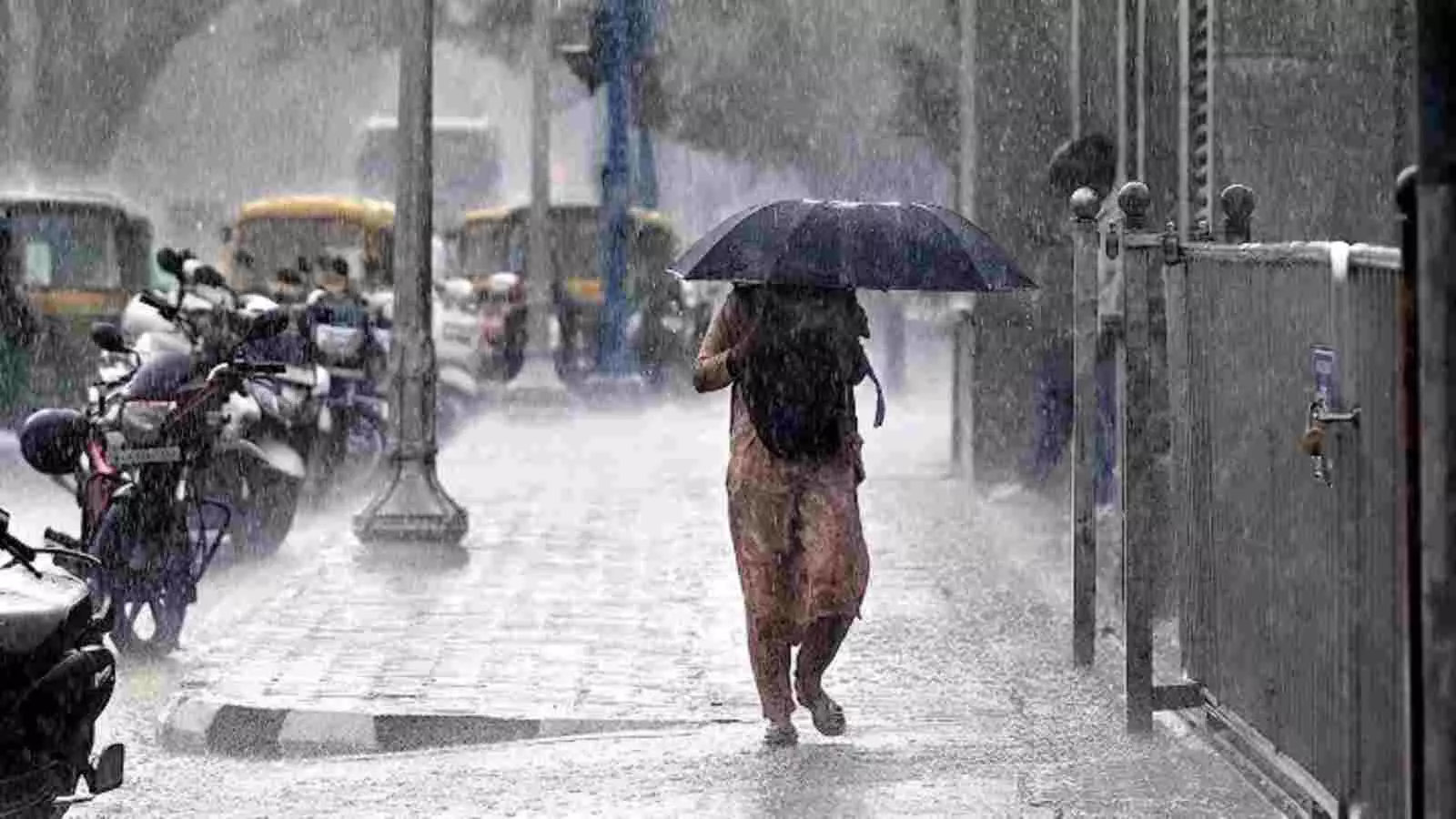 उत्तर भारत में भारी बारिश के दौरान छाता लेकर सड़क पर चलती महिला। उत्तर भारत में भारी बारिश के दौरान छाता लेकर सड़क पर चलती महिला।