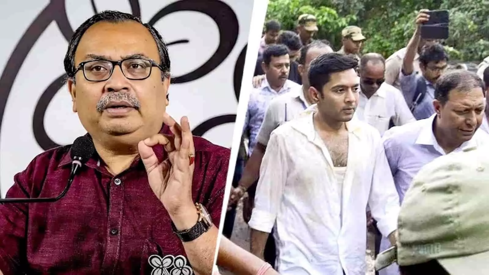 तस्वीर में बाईं ओर चश्मा पहने कुणाल घोष और दाईं ओर समर्थकों के बीच अभिषेक बनर्जी दिख रहे हैं। तस्वीर में बाईं ओर चश्मा पहने कुणाल घोष और दाईं ओर समर्थकों के बीच अभिषेक बनर्जी दिख रहे हैं।