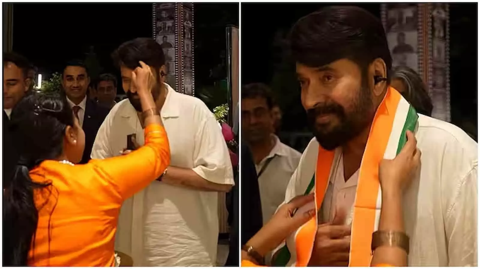 तस्वीर में दिख रही एक महिला ममूटी के माथे पर तिलक लगा रही है और उन्हें तिरंगा पहना रही है। तस्वीर में दिख रही एक महिला ममूटी के माथे पर तिलक लगा रही है और उन्हें तिरंगा पहना रही है।