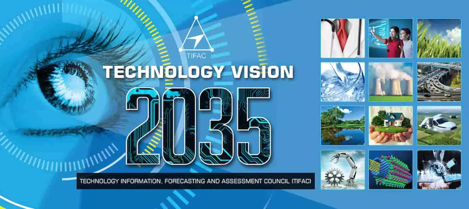 नीले रंग के डिजिटल पोस्टर पर टेक्नोलॉजी विजन 2035 लिखा हुआ है और साथ में कई चित्र हैं। नीले रंग के डिजिटल पोस्टर पर टेक्नोलॉजी विजन 2035 लिखा हुआ है और साथ में कई चित्र हैं।