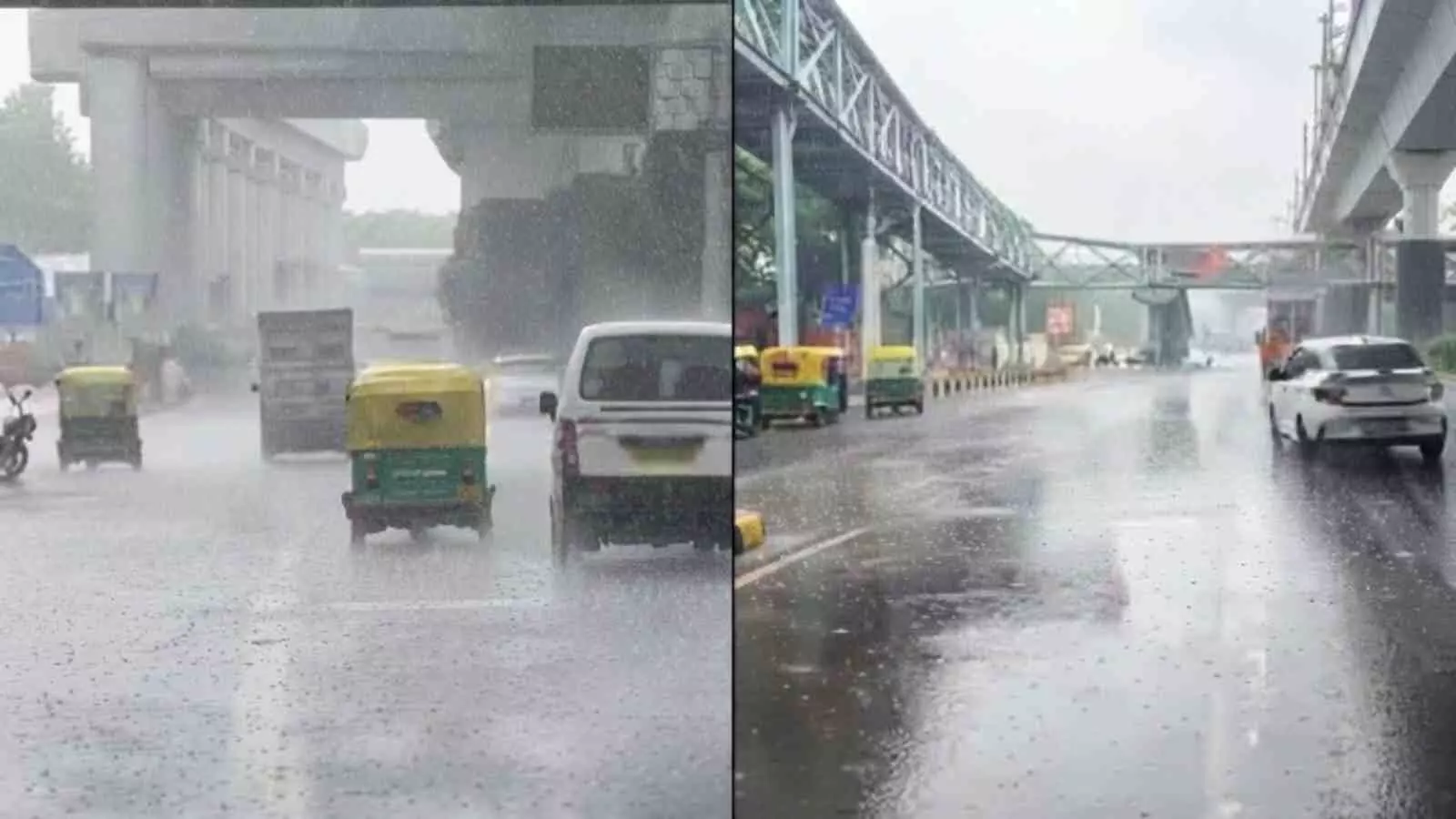 दक्षिण भारत में बारिश के दौरान सड़क पर वाहन चलाते हुए लोग| दक्षिण भारत में बारिश के दौरान सड़क पर वाहन चलाते हुए लोग|
