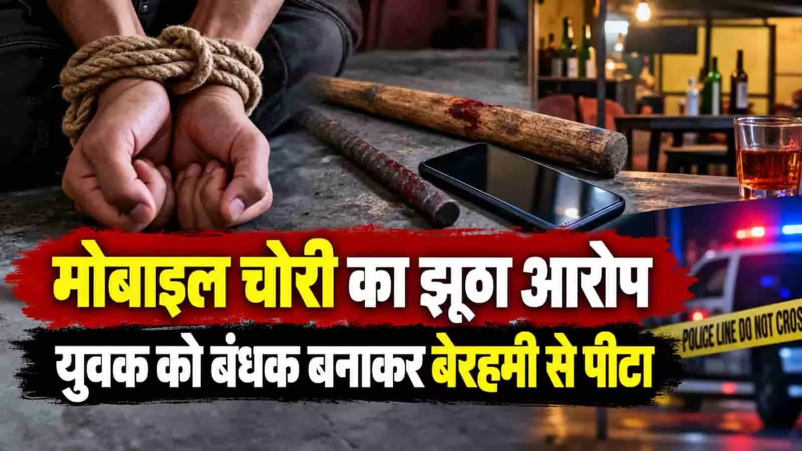 तस्वीर में बंधे हुए हाथ, मेज पर रखा मोबाइल, लाठी और पुलिस गाड़ी का दृश्य है। तस्वीर में बंधे हुए हाथ, मेज पर रखा मोबाइल, लाठी और पुलिस गाड़ी का दृश्य है।