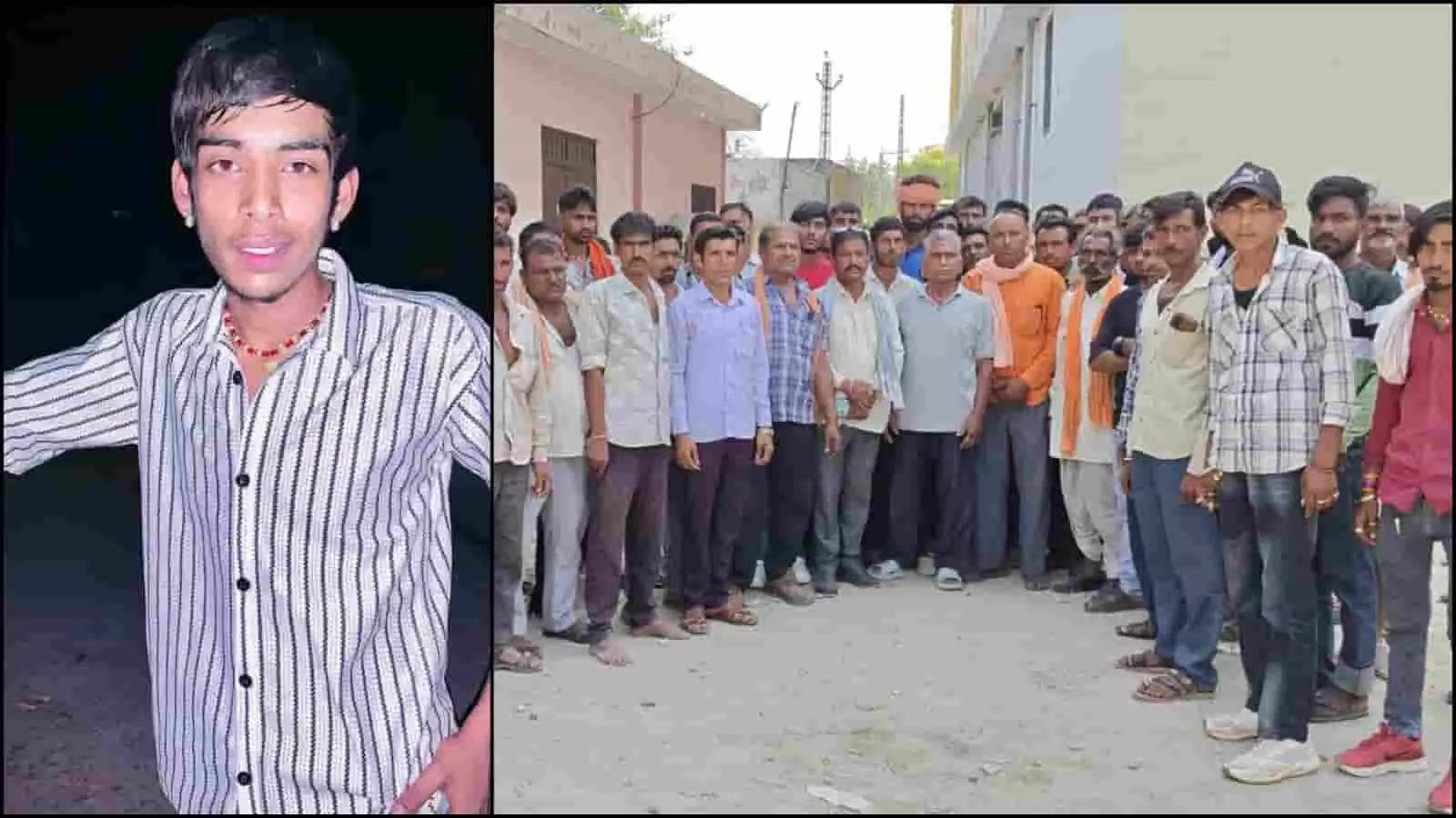 भीलवाड़ा जिला चिकित्सालय के बाहर एकत्र ग्रामीण और मृतक युवक की तस्वीर। भीलवाड़ा जिला चिकित्सालय के बाहर एकत्र ग्रामीण और मृतक युवक की तस्वीर।