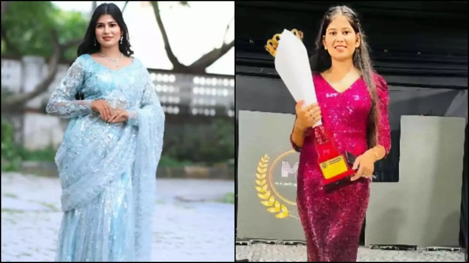 तस्वीर में रंजना लोहार नीली साड़ी और गुलाबी परिधान में अलग-अलग अंदाज में दिख रही हैं. तस्वीर में रंजना लोहार नीली साड़ी और गुलाबी परिधान में अलग-अलग अंदाज में दिख रही हैं.