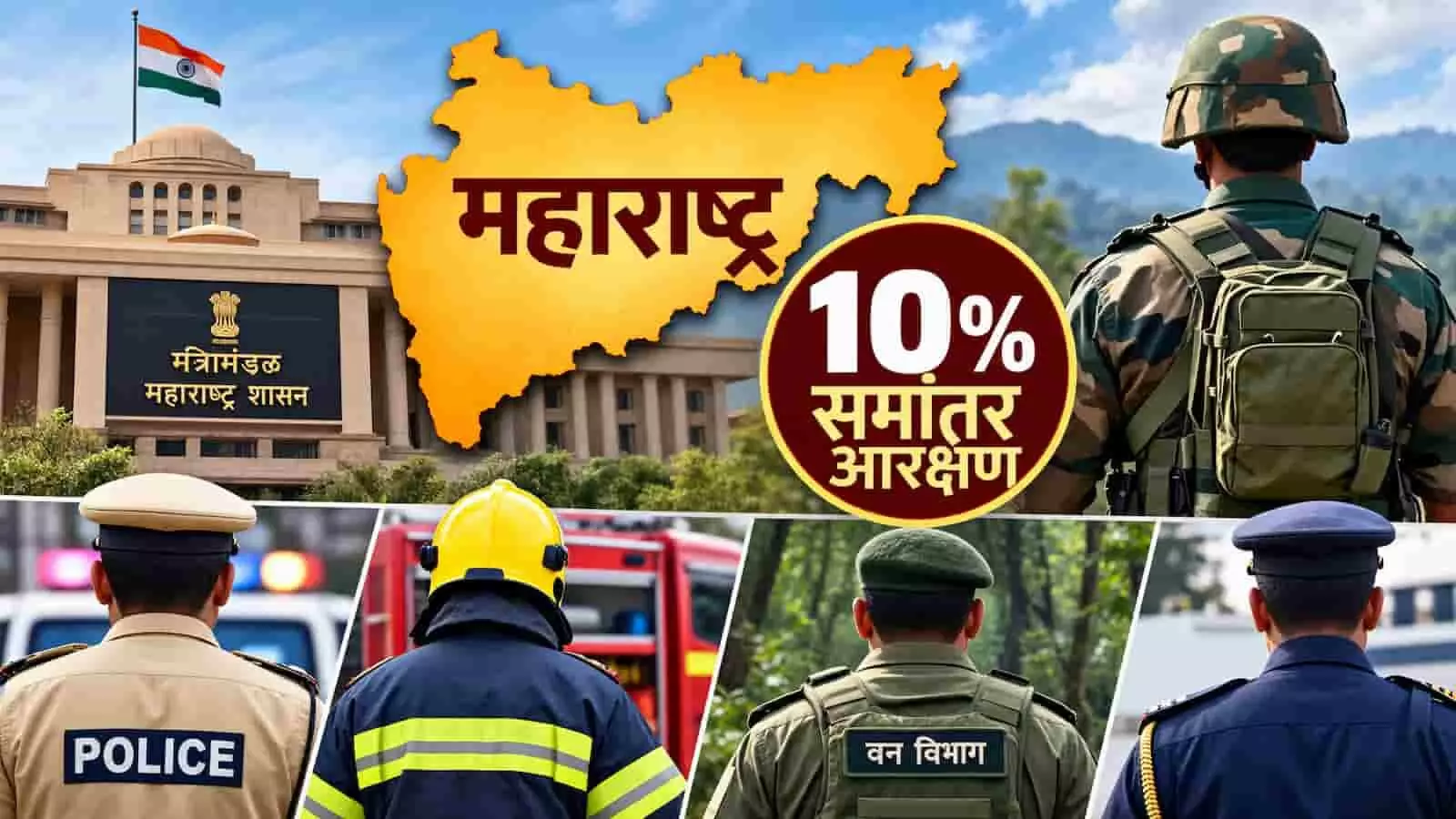 तस्वीर में दिख रहे ग्राफिक में महाराष्ट्र का नक्शा, सैनिकी जवान, पुलिस, अग्निशमन और वन विभाग कर्मी मौजूद हैं। तस्वीर में दिख रहे ग्राफिक में महाराष्ट्र का नक्शा, सैनिकी जवान, पुलिस, अग्निशमन और वन विभाग कर्मी मौजूद हैं।