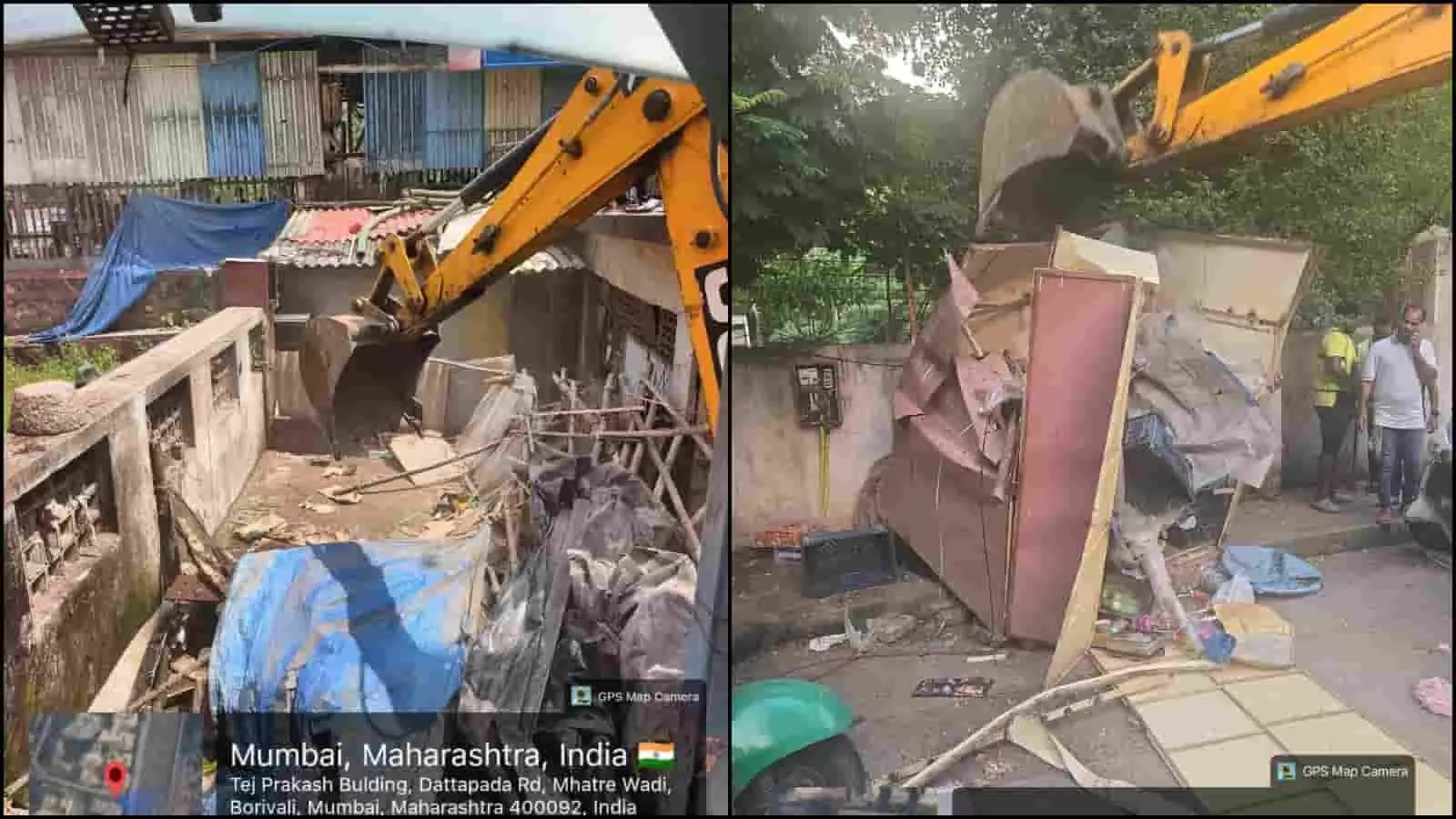 तस्वीर में जेसीबी मशीन बोरीवली में अवैध निर्माण और स्टॉल गिराते हुए दिखाई दे रही है। तस्वीर में जेसीबी मशीन बोरीवली में अवैध निर्माण और स्टॉल गिराते हुए दिखाई दे रही है।
