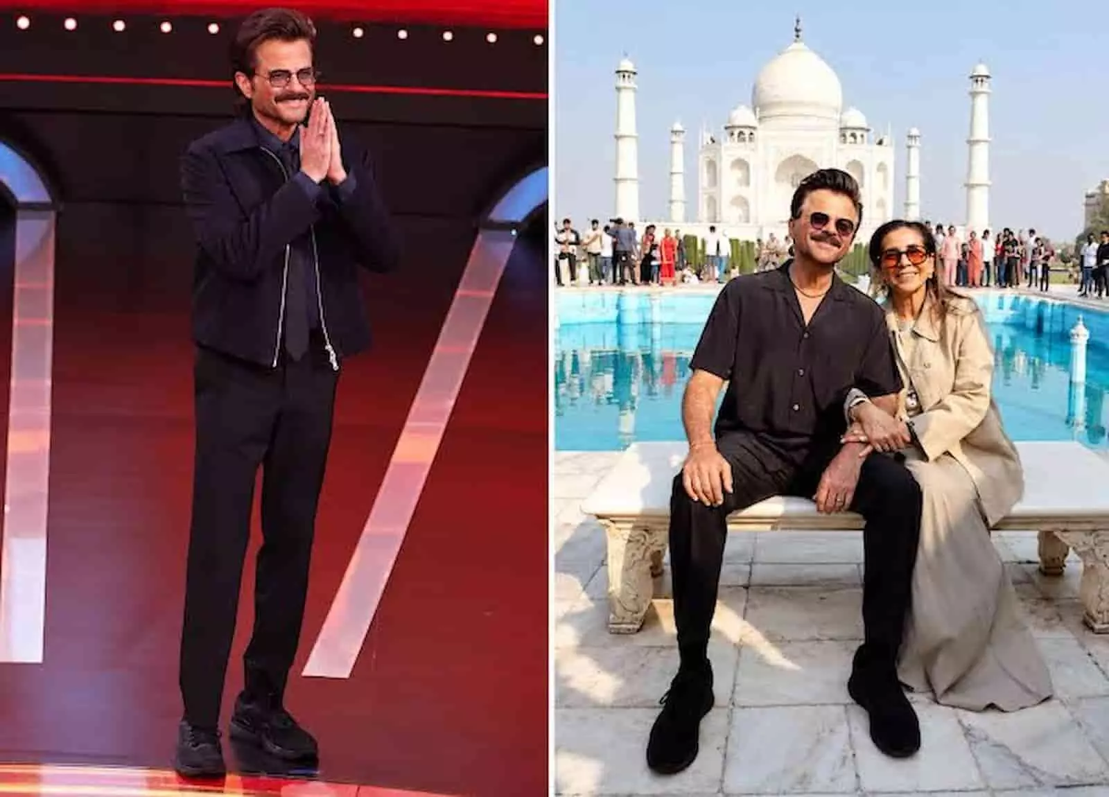 बाईं ओर मंच पर खड़े अनिल कपूर और दाईं ओर ताज महल के सामने पत्नी सुनीता के साथ बैठे अनिल कपूर। बाईं ओर मंच पर खड़े अनिल कपूर और दाईं ओर ताज महल के सामने पत्नी सुनीता के साथ बैठे अनिल कपूर।