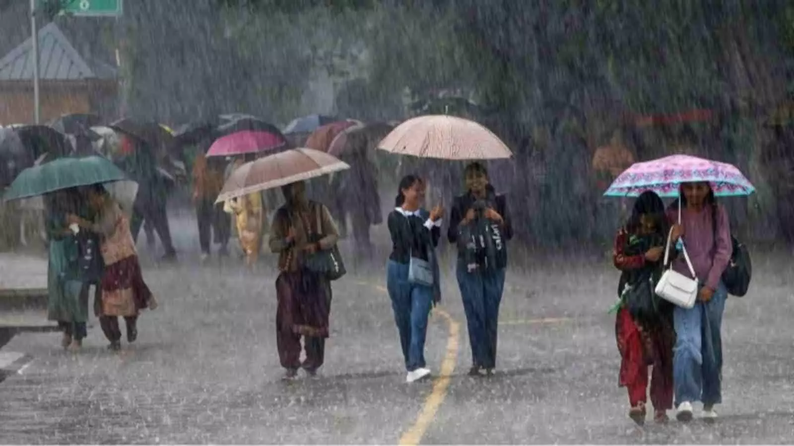 बारिश के बीच छाता लेकर सड़क पर चलते हुए लोग केरल तमिलनाडु मौसम संदर्भ में| बारिश के बीच छाता लेकर सड़क पर चलते हुए लोग केरल तमिलनाडु मौसम संदर्भ में|