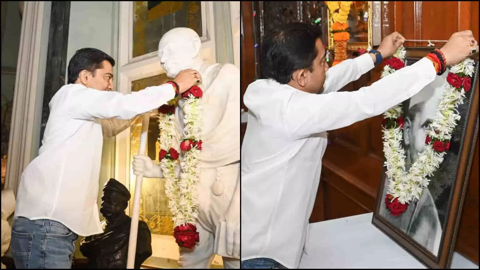 तस्वीर में आकाश पुरोहित मुंबई बीएमसी मुख्यालय में गांधीजी की प्रतिमा और शास्त्रीजी के चित्र को माला पहना रहे हैं। तस्वीर में आकाश पुरोहित मुंबई बीएमसी मुख्यालय में गांधीजी की प्रतिमा और शास्त्रीजी के चित्र को माला पहना रहे हैं।