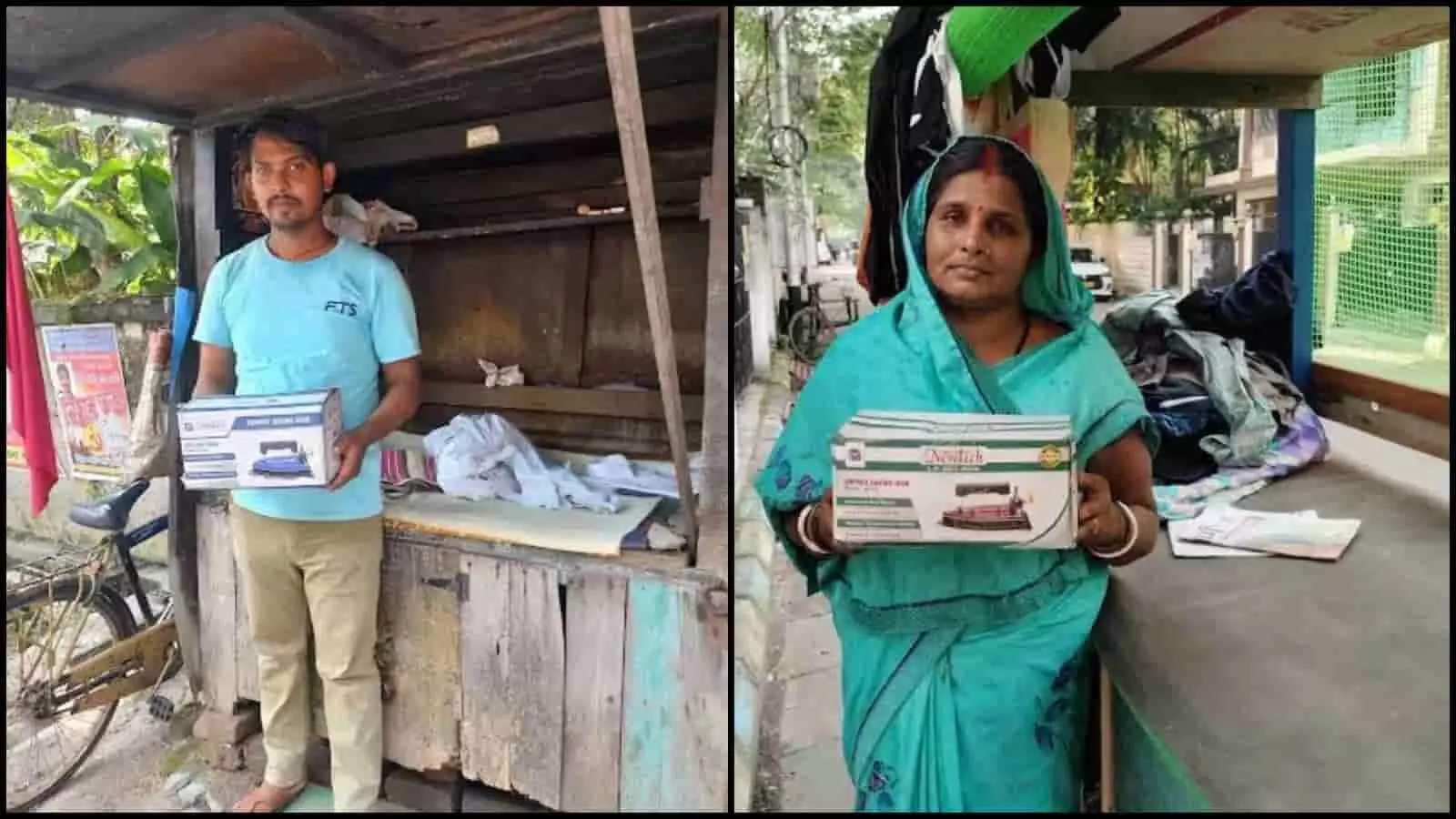 तस्वीर में बाईं ओर एक पुरुष और दाईं ओर एक महिला विक्रेता अपने दुकान स्टॉल पर नया एलपीजी आयरन बॉक्स पकड़े खड़े हैं। तस्वीर में बाईं ओर एक पुरुष और दाईं ओर एक महिला विक्रेता अपने दुकान स्टॉल पर नया एलपीजी आयरन बॉक्स पकड़े खड़े हैं।