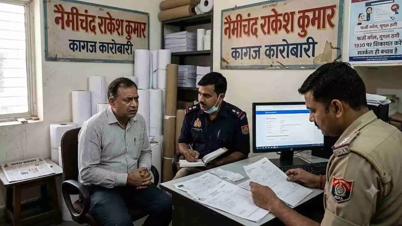 तस्वीर में बाएं से दाएं एक कारोबारी, नोट लिखते पुलिसकर्मी और कागजात देखते अधिकारी दिखाई दे रहे हैं। तस्वीर में बाएं से दाएं एक कारोबारी, नोट लिखते पुलिसकर्मी और कागजात देखते अधिकारी दिखाई दे रहे हैं।