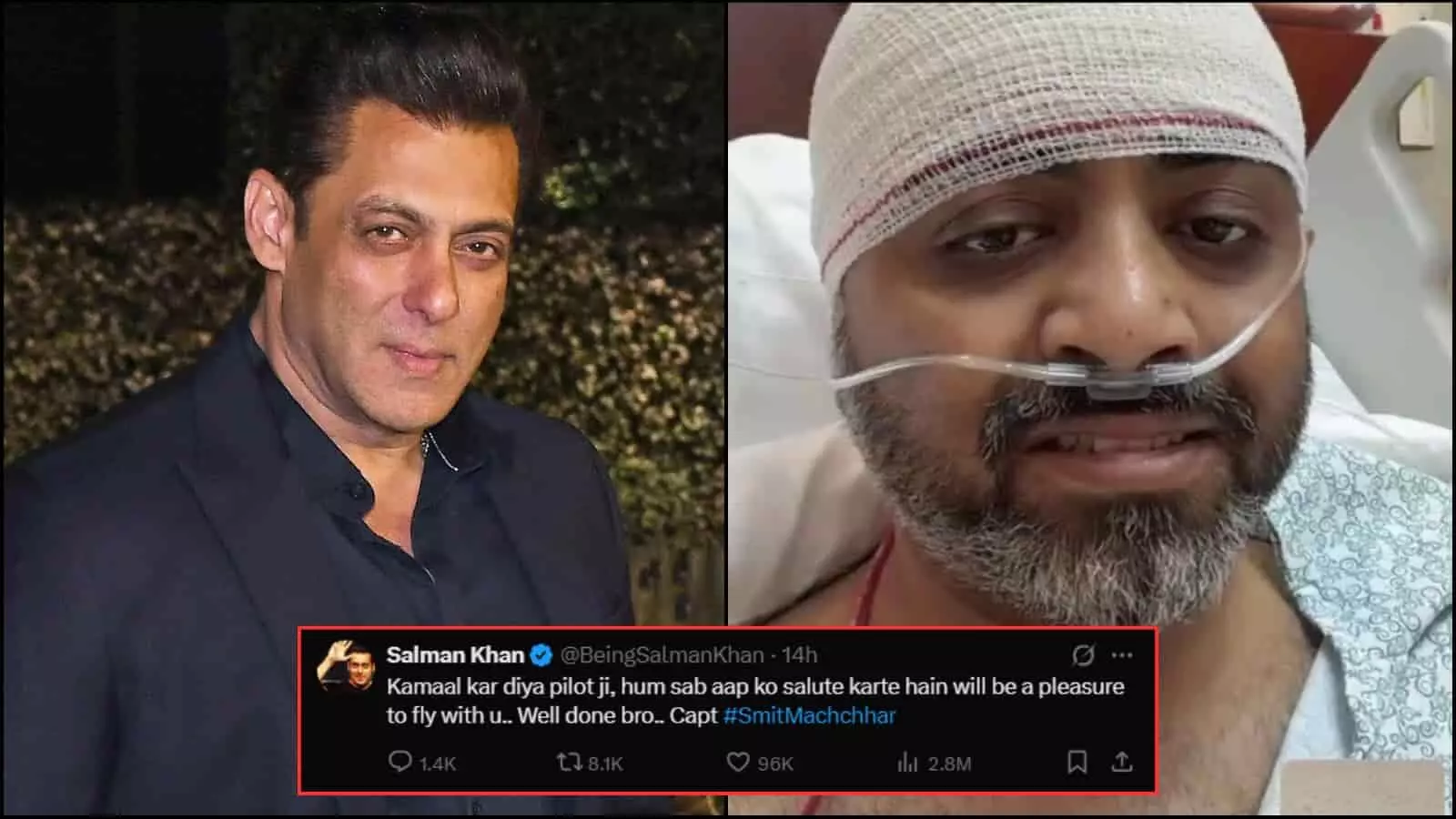 तस्वीर में अभिनेता सलमान खान और अस्पताल के बिस्तर पर घायल कैप्टन स्मित मच्छार दिखाई दे रहे हैं। तस्वीर में अभिनेता सलमान खान और अस्पताल के बिस्तर पर घायल कैप्टन स्मित मच्छार दिखाई दे रहे हैं।