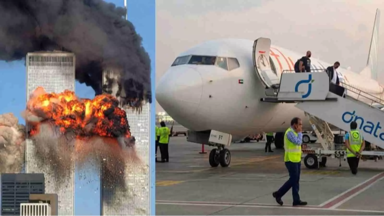 9/11 हमले और फ्लाईदुबई विमान की घटना को दर्शाती हुई तस्वीर जिसके संदर्भ में अलकायदा ने धमकी दी है।