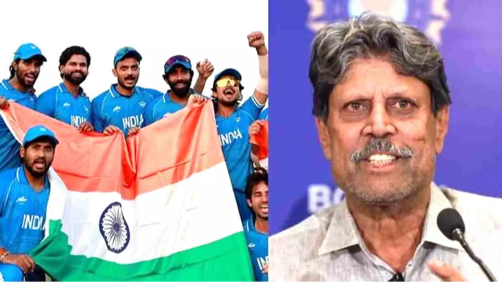 एशियन गेम्स में पाकिस्तान को हराकर गोल्ड मेडल जीतने वाली भारतीय क्रिकेट टीम तिरंगे के साथ और पूर्व कप्तान कपिल देव। एशियन गेम्स में पाकिस्तान को हराकर गोल्ड मेडल जीतने वाली भारतीय क्रिकेट टीम तिरंगे के साथ और पूर्व कप्तान कपिल देव।