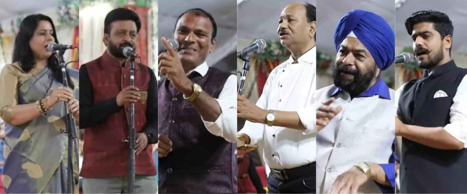 तस्वीर में बाएं से दाएं मंच पर माइक के सामने कविता पाठ करते कवि दिख रहे हैं। तस्वीर में बाएं से दाएं मंच पर माइक के सामने कविता पाठ करते कवि दिख रहे हैं।