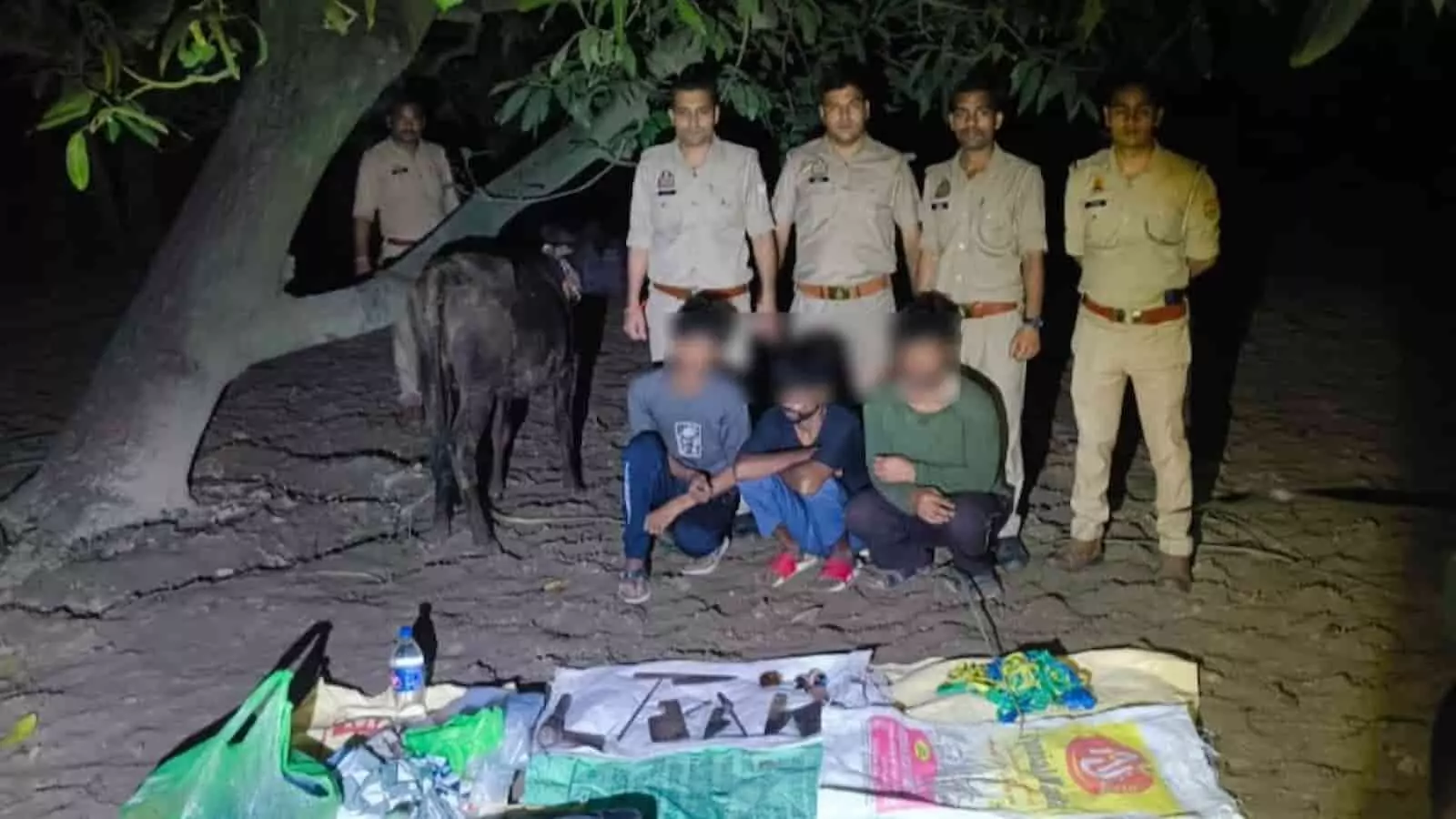 तस्वीर में रात के समय आम के बाग में तीन आरोपियों के साथ पुलिसकर्मी और बरामद हथियार दिख रहे हैं। तस्वीर में रात के समय आम के बाग में तीन आरोपियों के साथ पुलिसकर्मी और बरामद हथियार दिख रहे हैं।