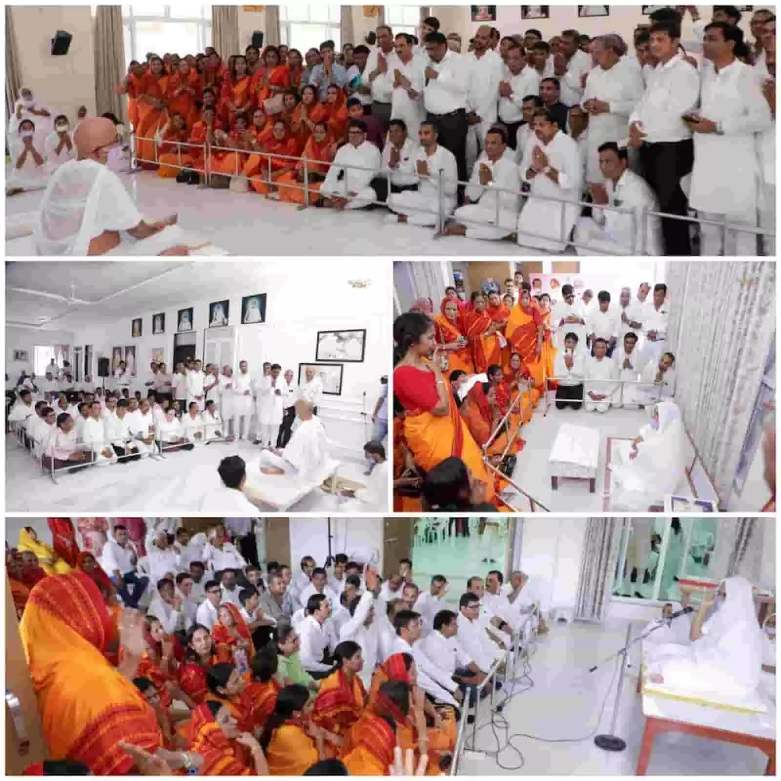 तस्वीर में सफेद और नारंगी वस्त्र पहने श्रद्धालु हाल के अंदर जैन मुनि के समक्ष प्रार्थना करते दिख रहे हैं। तस्वीर में सफेद और नारंगी वस्त्र पहने श्रद्धालु हाल के अंदर जैन मुनि के समक्ष प्रार्थना करते दिख रहे हैं।