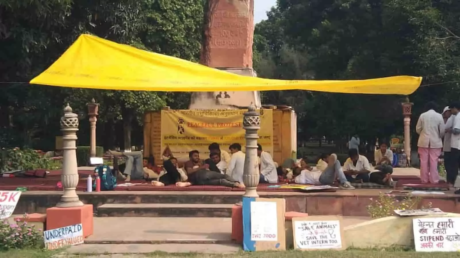 संस्थान के कैंपस के बाहर तख्तियां लेकर धरने पर बैठे वेटनरी और एनिमल हसबेंड्री के छात्र। संस्थान के कैंपस के बाहर तख्तियां लेकर धरने पर बैठे वेटनरी और एनिमल हसबेंड्री के छात्र।